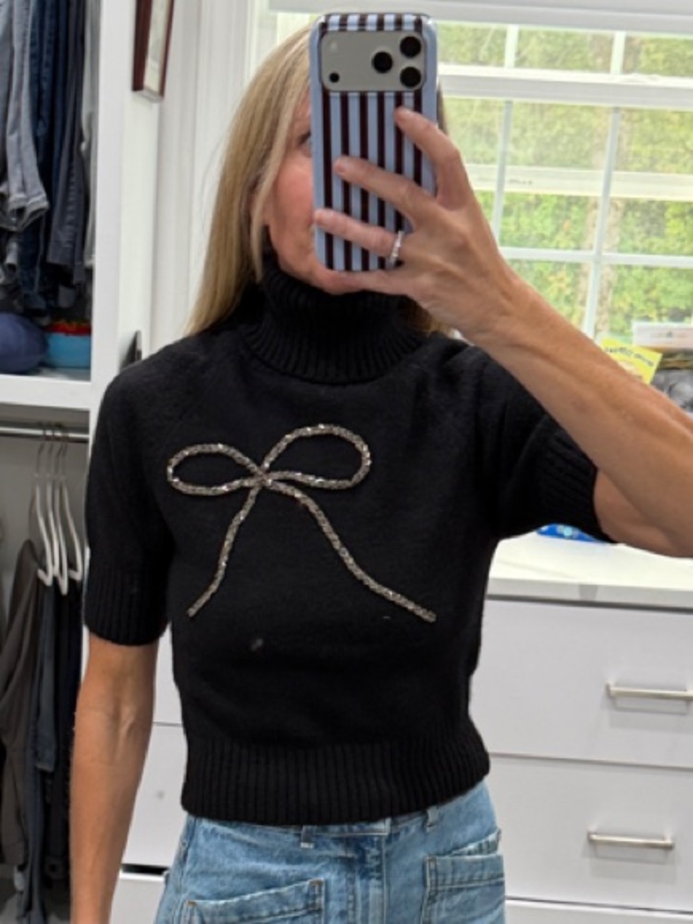 En Saison Black Short-Sleeve Turtleneck Sweater with Sequin Bow